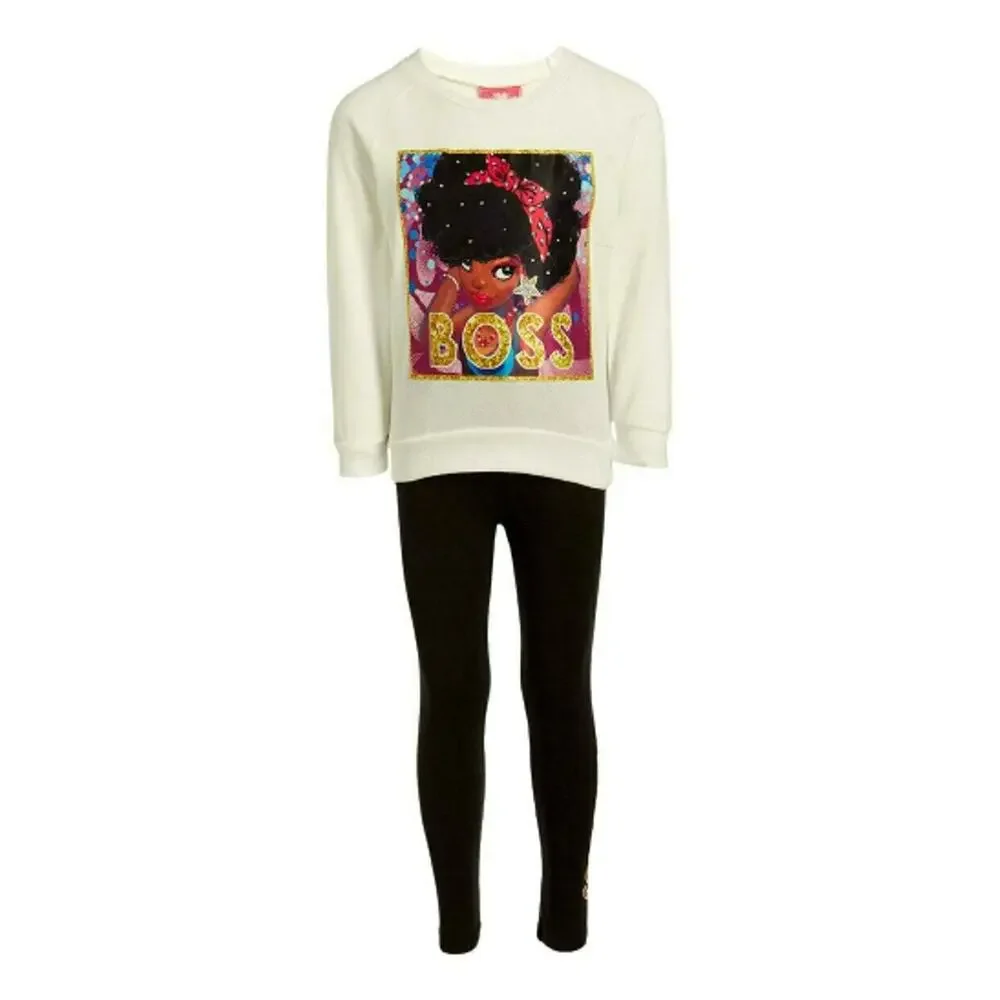 Girls Luv Pink White 'Boss' Sweatshirt & Black 'Boss' Leggings Size 4 NWT